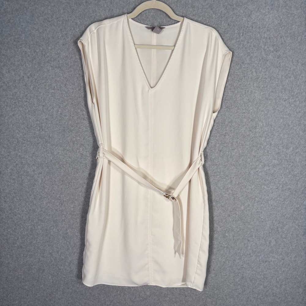 H&M Belted Shift Dress 6 Cream Gold‎ Ring Buckle Neutral Minimalist Quiet Luxury